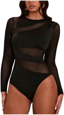 Milumia Women's Sexy Cut Out Sheer Mesh Long Sleeve Bodysuit Crew Neck Body Suits Going Out Bodysuit Tops (Large, Black)