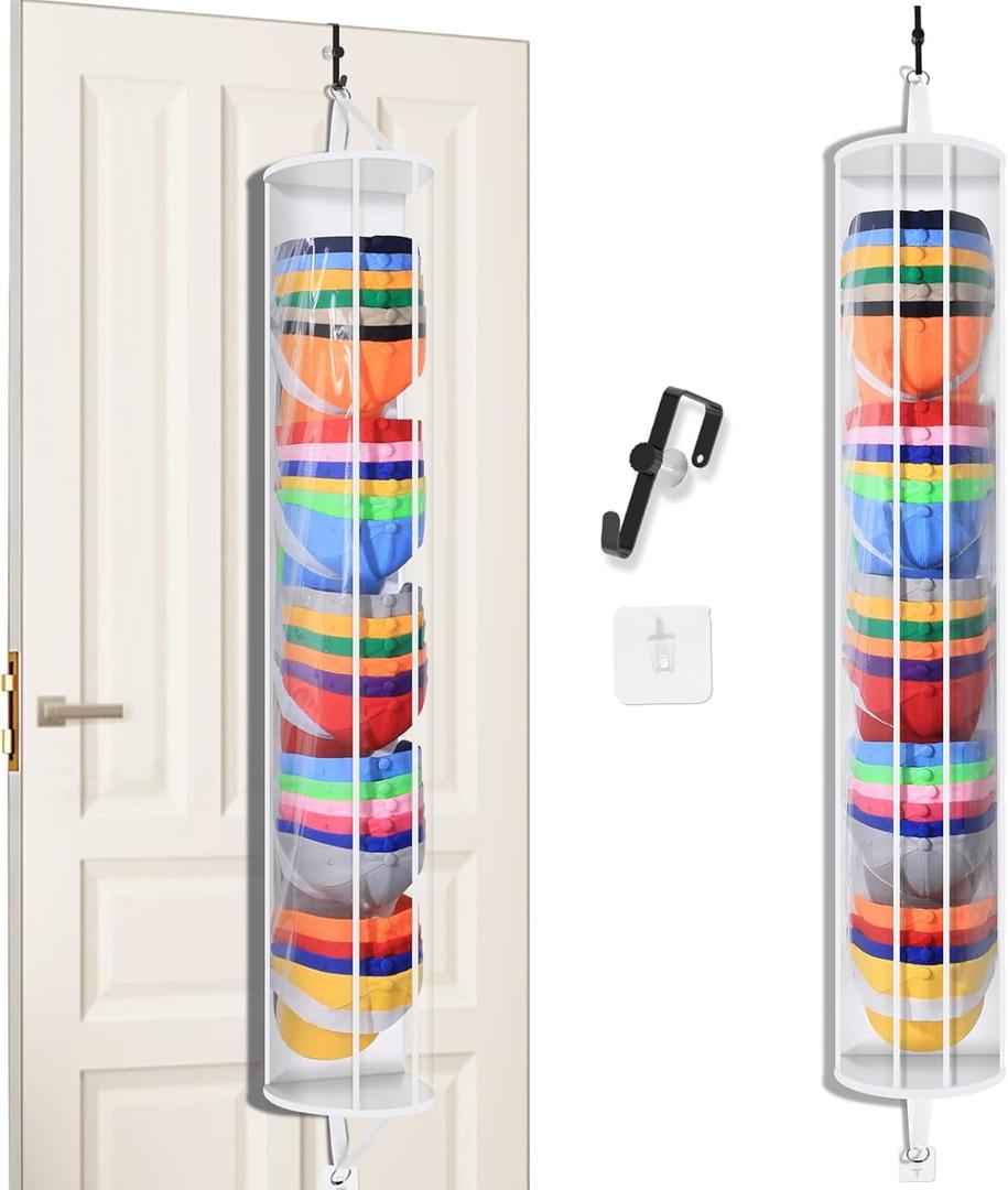 Toread Anti-Drop Over The Door Hat Organizer, Adjustable & Damage-Free Hooks Over Door Hat Organizer, Clear Dust-Resistant Over Door Hat RackHat Rack For Door suitable for doors, wardrobes-W