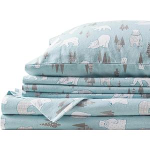 Comfort Spaces Cotton Flannel Sheets Queen Size, Ultra Soft Flannel Sheet Set with 14" Elastic Pocket , Novelty Print Warm Flannel Bedding, Blue Polar Bears 4 Piece