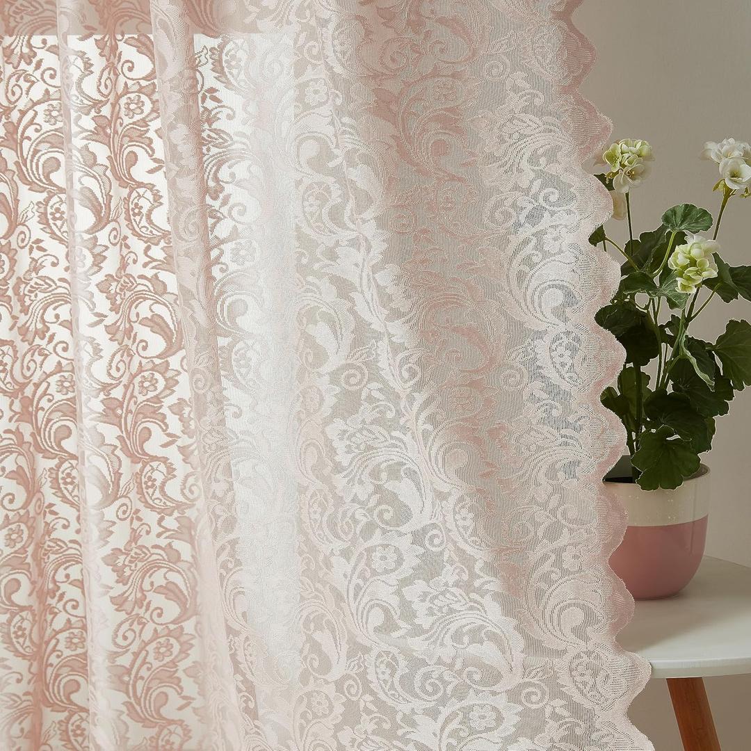 Bujasso Pink Lace Sheer Curtains 108 inch Vintage Floral Sheer Window Curtain Panels for Living Room Bedroom Elegant Light Filtering Pink Drapes Window Treatment Set Grommet Top 2 Panels 54" Wx108 L