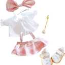 CALEMBOU Plush Doll Clothes Set, Cute JK Uniform Set, Doll Dress Shirt Bow Necklace Shoes 5Pcs Outfits for 20cm/8 inch Soft Dolls Stuffed Animals (Pink Clothes set-20cm/8)