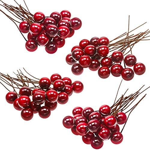 BBTO 100 Pack Artificial Holly Berries Mini 10 mm Christmas Fake Berries Stems Crafts Faux on Wire for Christmas Tree Decoration Flower Branches Ornament Wreath DIY Winter Home(Wine Red)