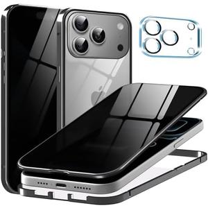 Metal Titanium Privacy Case for iPhone 17 Pro Max, Built-in Privacy Screen Protector & Camera Lens Protector, Magnetic Adsorption Double Sided Tempered Glass Anti Peep Anti Spy Cover for Men Women