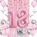 Sweet 18th Birthday Decorations Pink, Happy Birthday Decorations for Girls Pink Silver Balloons Number 18 Balloons,Fringe Curtain, Crown Balloon, Star Balloon for Her Girl 18th Birthday Princess Party
