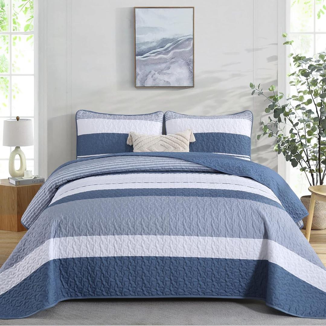 Dinjoy Boho Queen Quilt Set, Striped Bedspread Coverlet Bed Mineral Blue Bedding Sets 3 Pieces Micofiber Lightweight Quilts Sets with 2 Pillow Shams for All Season 96''x90