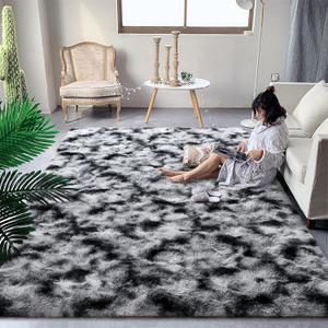 DweIke Fluffy Tie-Dyed Black White Rugs for Bedroom Living Room, 4x6 Feet Soft Plush Shaggy Dark Girls Boys Kids Rug, Upgraded Non-Slip and Machine Washable Carpet for Dorm Nursery Classroom Decor