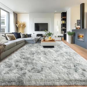 8x10 Rug for Living Room, Fuzzy Plush Large Area Rug, Fluffy Modern Shag Non Slip Soft Furry Carpet for Bedroom Kids Room Nursery Teens Dorm Home Decor, Tie Dye Grey