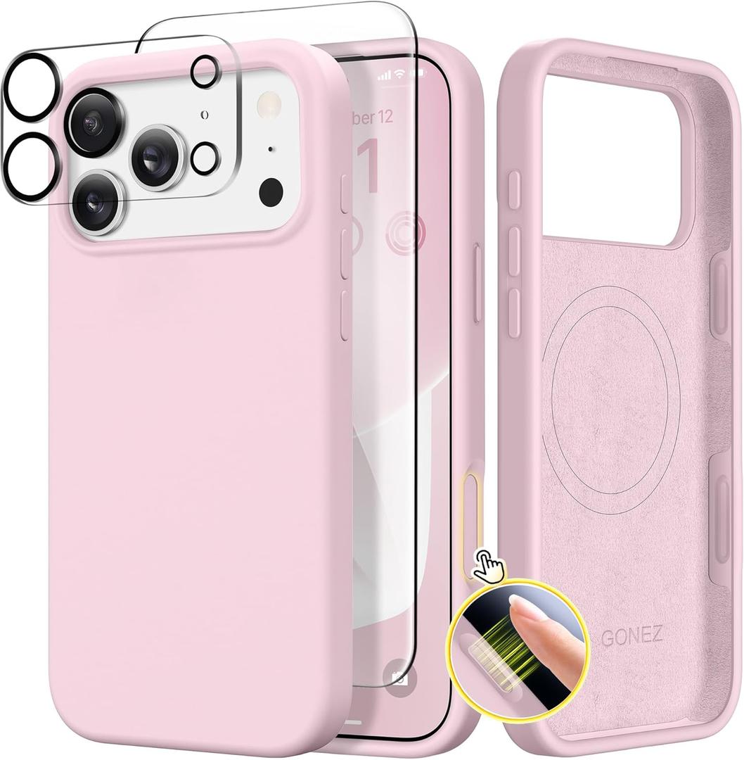 GONEZ Magnetic for iPhone 17 Pro Case, Compatible with MagSafe, [Screen Protector + Camera Lens Protector], Liquid Silicone Anti-Scratch Shockproof Protective Phone Case 6.3 inch, Pastel Pink