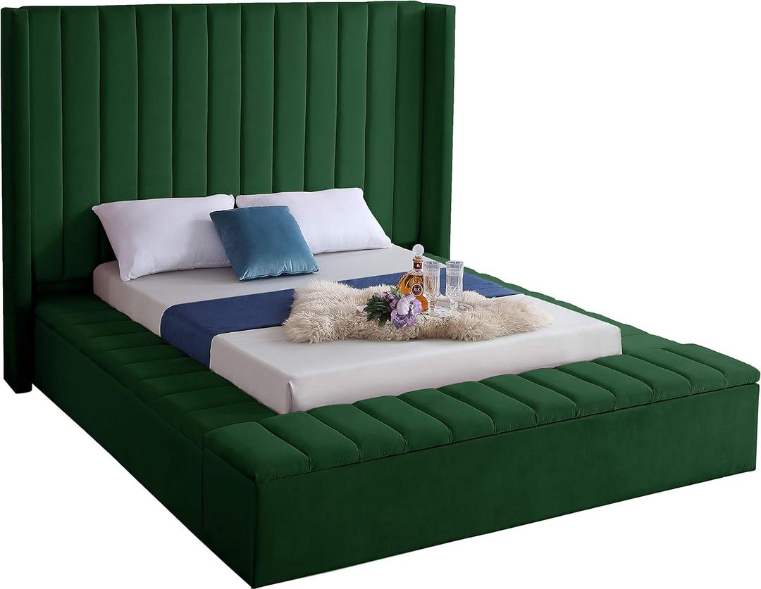 Meridian Furniture Kiki Collection Modern | Contemporary Velvet Upholsterd Bed with Channel Tufting, Siderails and Footboard Storage Compartments, King, Green