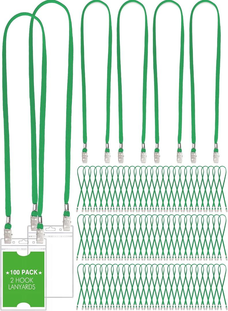 Patelai 100 Pack Double Clip Lanyards Bulk Face Mask Lanyard Twist Free 2 Hook Design Adjustable Badge Neck Strap for ID Name Badge Holder Back to School Conference Office Class Essential (Green)
