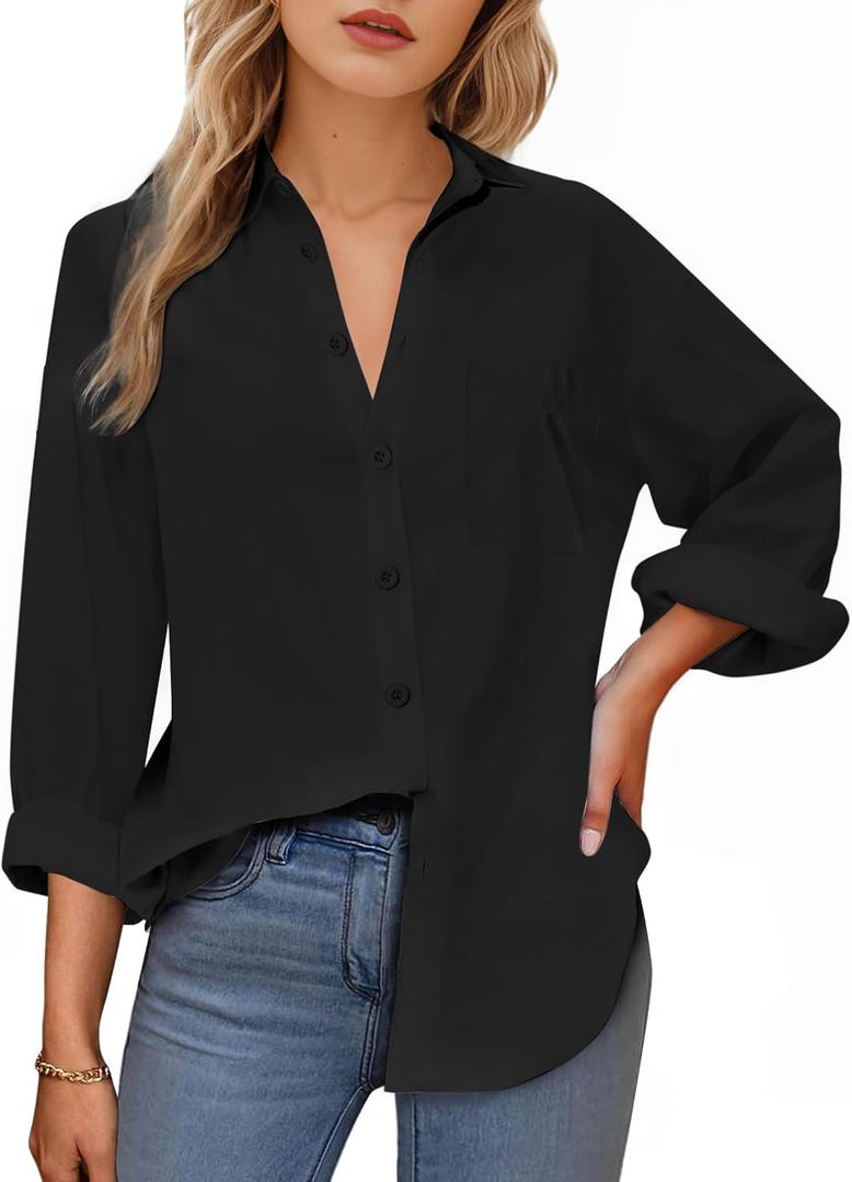 Womens Button Down Shirts, Long Sleeve Cotton Blouse for Women Casual, Collar Long Sleeve Blouse Tops for Pocket (Large, Black)