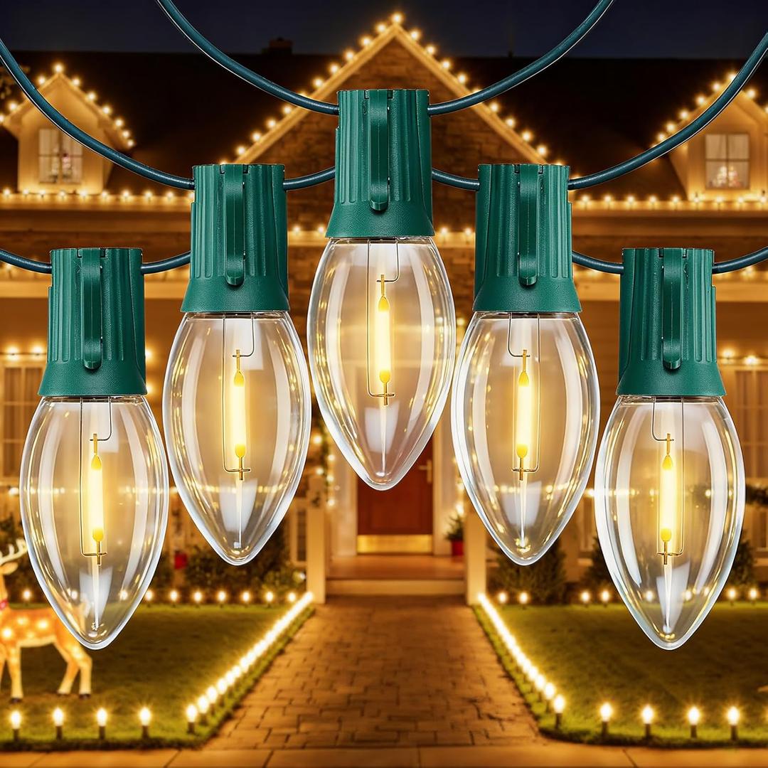 C9 Christmas Lights Outdoor, 100 FT 100 LED Vintage Warm White C9 String Lights Connectable for Christmas Tree Roofline Patio Garden Backyard Holiday Party Indoor Outdoor Decoration, Green Wire