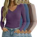 4 Pack Women Long Sleeve Shirts, 95% Cotton V Neck Ribbed Knit Tops Fitted Lightweight Basic Going Out Shirts (Small, Light Khaki, Mocha Brown, Royal Blue, Grape Purple)