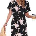 AUSELILY Womens Summer Dress 2025 Casual Short Sleeve Sundress V Neck Tie Button Beach Swing Dresses with Pockets, Morning Glory 2XL