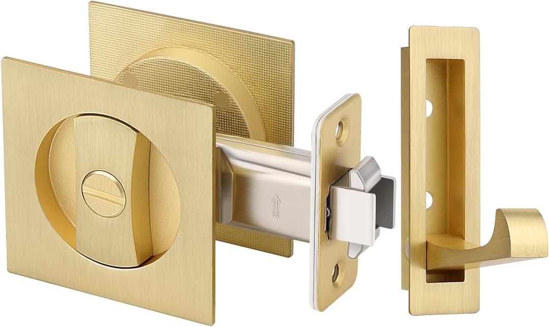 1 Pack Gold Pocket Door Hardware with Pull, Keyless Privacy Pocket Door Handles, Square Sliding Door Lock for Bedroom Bathroom, Reversible for Left/Right Doors, Modern Recessed Design
