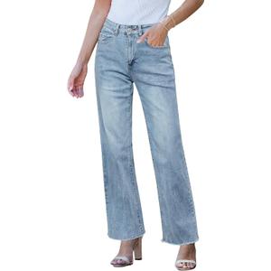 GRAPENT Straight Leg Jeans for Women High Waisted Stretchy Frayed Raw Hem Loose Denim Pants Casual Baggy Jean Trousers (Medium, Ice Blue)