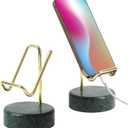 Marble Phone Stand with Metal Holder, Charging While Using, Swipe Up to Unlock, Made of Natural Marble as Business Card Holder for Office Desk (Emerald Green + Gold)