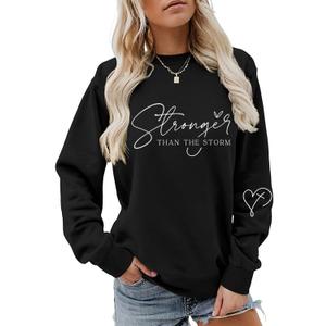 Christian Stronger Than The Storm Sweatshirts Lightweight Women Inspirational Faith Pullover Long Sleeve Shirt (Black, X-Large)