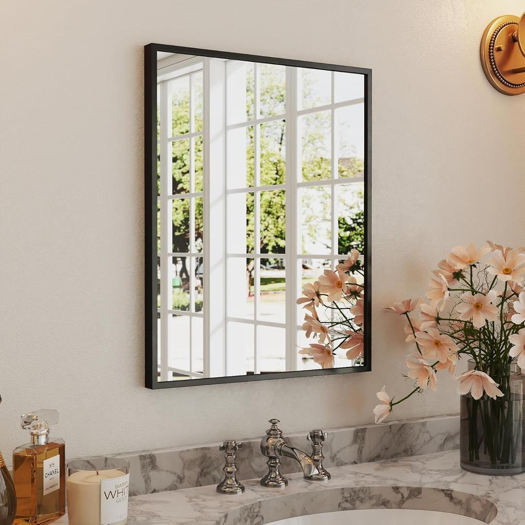 Bathroom Vanity Mirror for Over Sink Wall, Rectangle Farmhouse Mirror with Matte Black Metal Framed and HD Tempered Glass, Modern Square Mirror Hangs Horizontally or Vertically (16"L x 20"W)