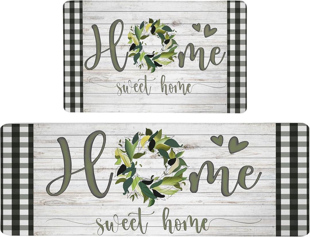 Farmhouse Kitchen Rugs Mats Sets of 2 Cushioned Anti Fatigue Kitchen Mats for Floor Spring Non Slip Memory Foam Kitchen Floor Mats Waterproof Comfort Standing Mats for Sink, 17.3"x28"+17.3"x47"