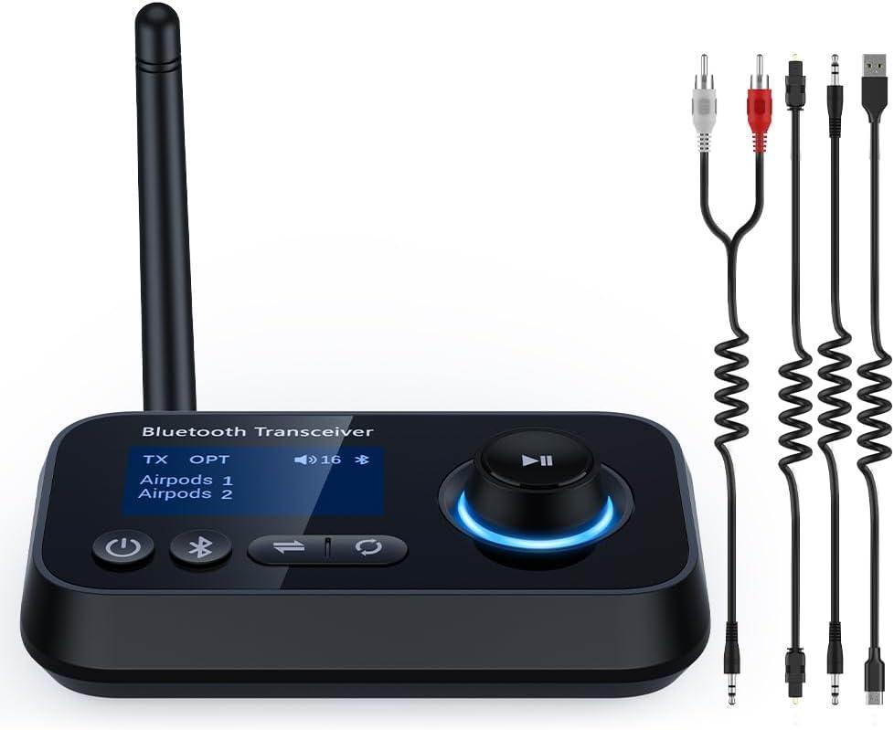 Bluetooth 5.3 Transmitter Receiver 3-in-1 Wireless Bluetooth Audio Adapter for Tv/Home Stereo/Old Speakers/Music Streaming Sound System Pair 2 Devices Long Range Low Latency RCA/Optical/Aux