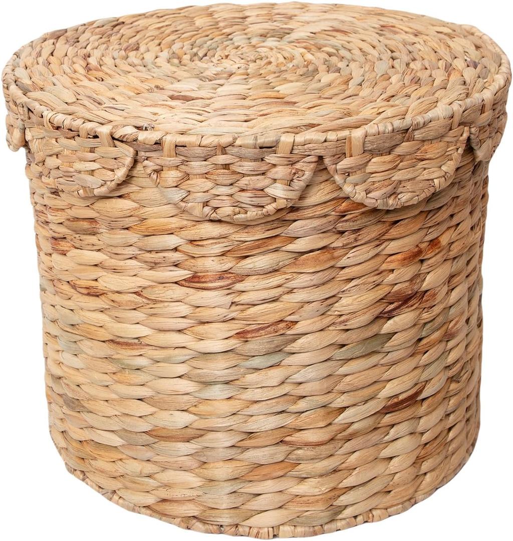 Vintage Woven Storage Basket with Scalloped Lid - Handwoven Water Hyacinth Laundry Hamper for Clothes, Blankets, Toys Organizing - Natural Wicker Basket with Lid (Large Round)
