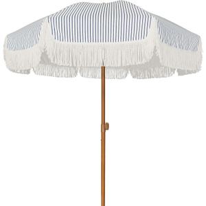 AMMSUN 7ft Patio Umbrella with Fringe Outdoor Tassel Umbrella UPF50+ Premium Steel Pole and Ribs Push Button Tilt, Navy Blue Stripes