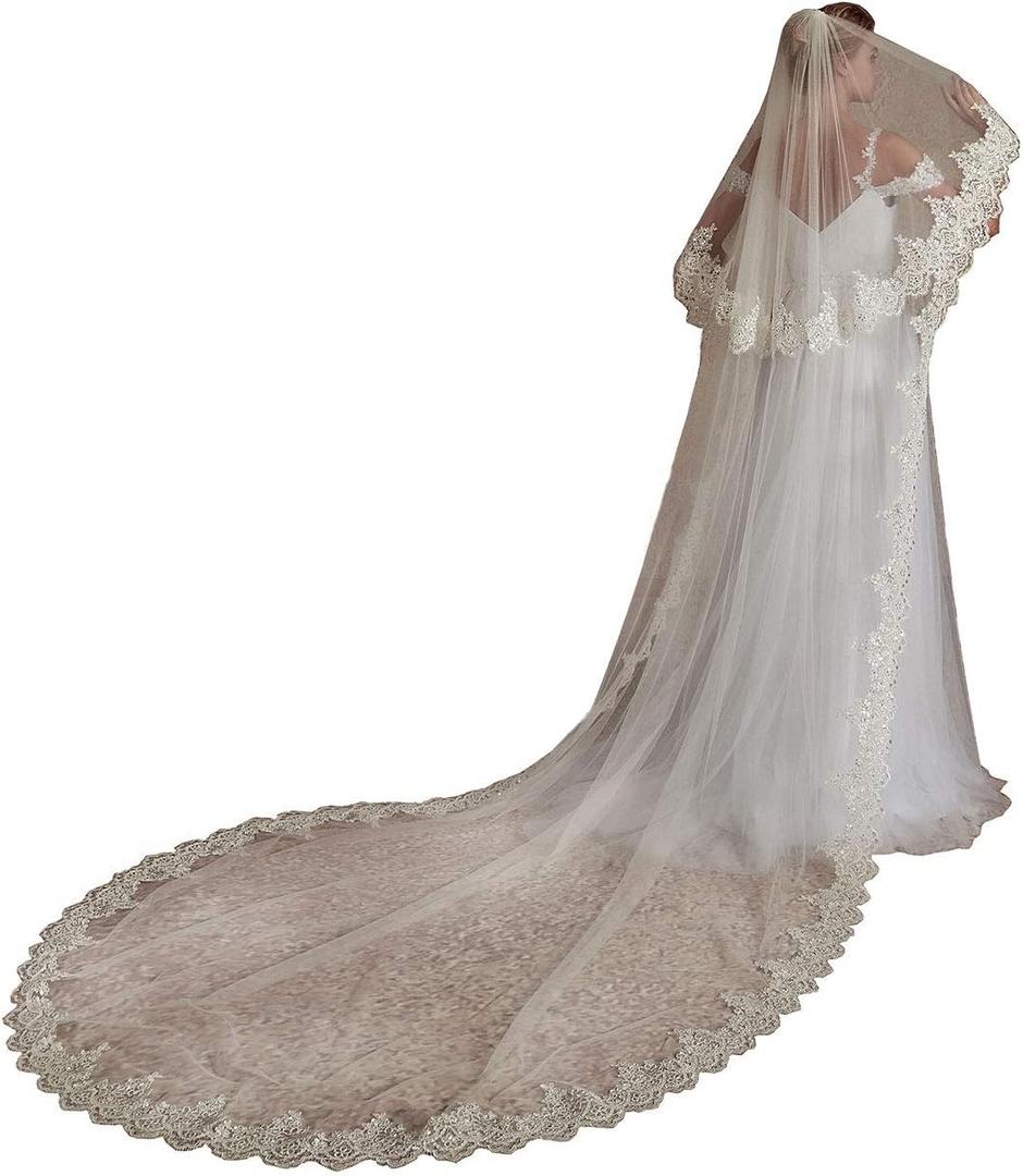 EllieHouse Cathedral Length 2 Tier Sequin Lace Bridal Wedding Veil L70 (Ivory)