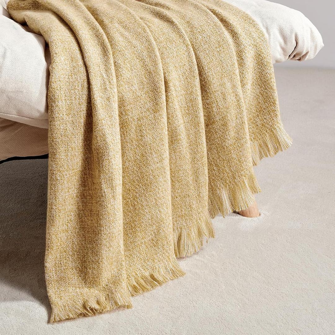 BOURINA Faux Cashmere Fringe Throw Blanket Decorative Lightweight Throw Soft Cozy for Bed or Sofa Outdoor Blanket, 50" x 70" Yellow (50"x70", Yellow)
