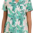 Veseacky Women Satin Pajamas Set 2 Piece Button Down Short Sleeve Soft Sleepwear with Pockets (X-Large, Short-green Leaf)