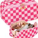 Bistup Makeup Bag Travel Cosmetic Bag Toiletry Make Up Bags Cute Women Large Capacity Big Medium Leather Checkered Plaid Hotpink Aesthetic Girl Teen Teenage Foldable Expandable Open Flat Zip