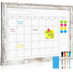Monthly Dry Erase Calendar Whiteboard for Wall, 24" x 18" Magnetic White Board Calendar Board - Rustic Vintage Wooden Frame