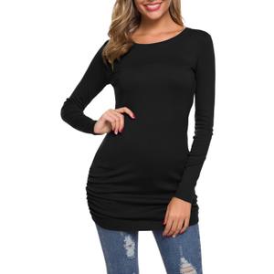 TORARY Women's 2025 Casual Long Sleeves Slim Fit Crew Neck Ruched Tunic Top T-Shirt Dress (Medium, Black)