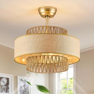 Boho Fandelier Ceiling Fans with Light andRemote Gold Enclosed Caged Ceiling Fan with LightRattan Chandelier Fan for Bedroom, Living Room,Kitchen (6 Speeds Bladeless Cellng Fan), 20inch
