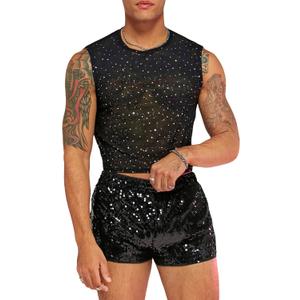 WDIRARA Men's 2 Piece Outfit Rhinestone Sequin Lace Mesh Crop Tank Top and Shorts Set (Black)