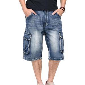 Men's 3/4 Cargo Biker Jean Shorts Vintage Distressed Denim Shorts Casual Multi-Pocket Short Pants (Blue, 32)
