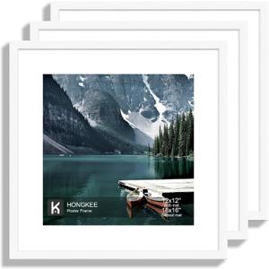 Hongkee 16x16 Square Frame Set of 3 - Display 12x12 Photo with Mat or 16 x 16 Poster without Mat, Wall Mounting Horizontal and Vertical, White