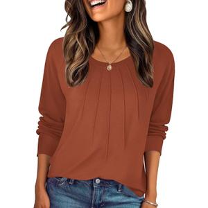 Zeagoo Fall Tops for Women Long Sleeve Shirts Casual Cotton Blouses 2025 Dressy Pleated Tunics (Medium, Caramel)