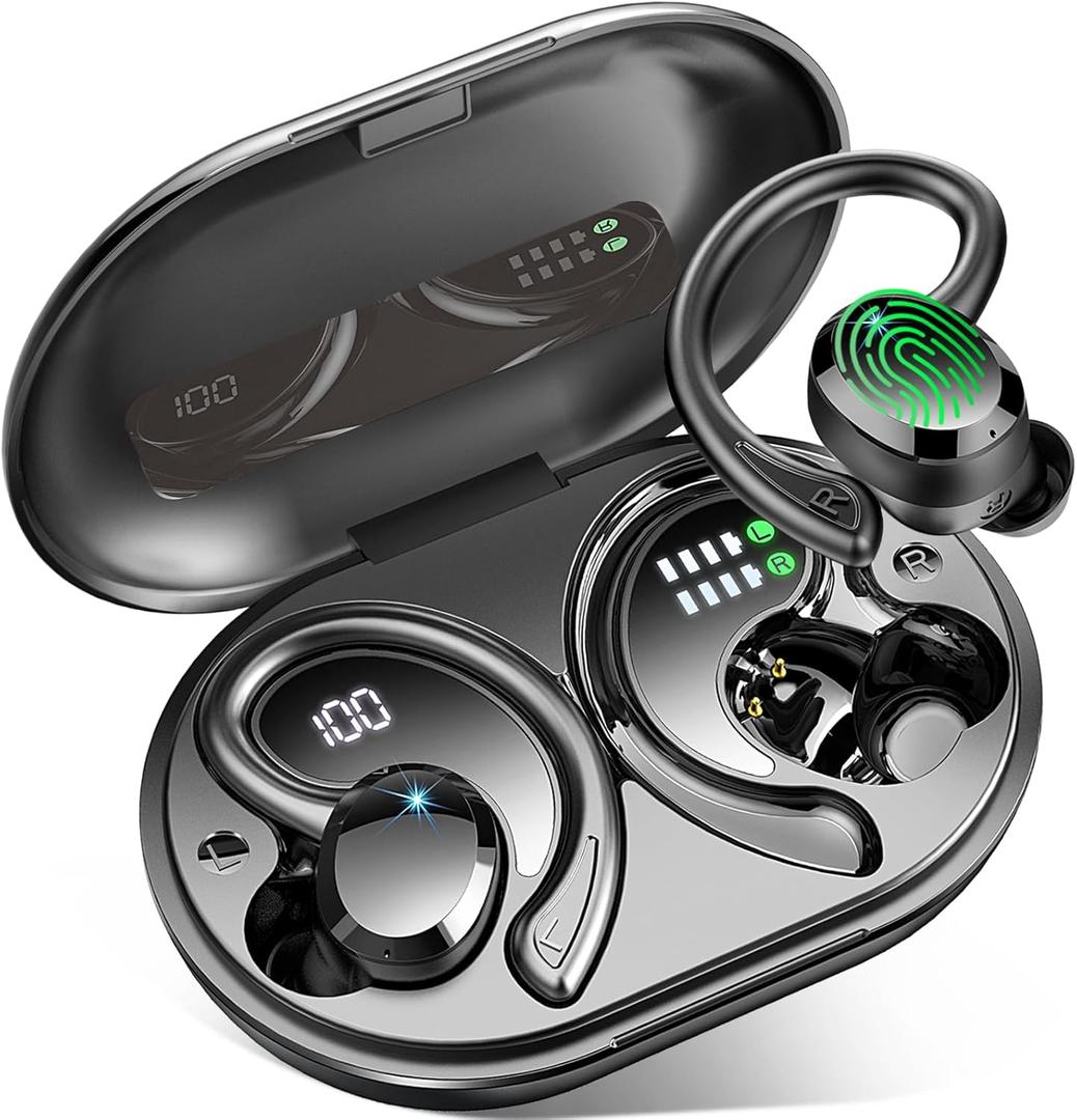 Wireless Earbuds Sport, 2025 Bluetooth 5.4 Headphones 3D Bass Hi-Fi Stereo Over Ear Buds, 60H ENC Noise Cancelling Headset with Earhook, IP-X7 Waterproof Earphones Workout Running Gym for Android iOS (800 mAh, A-Bright Black)