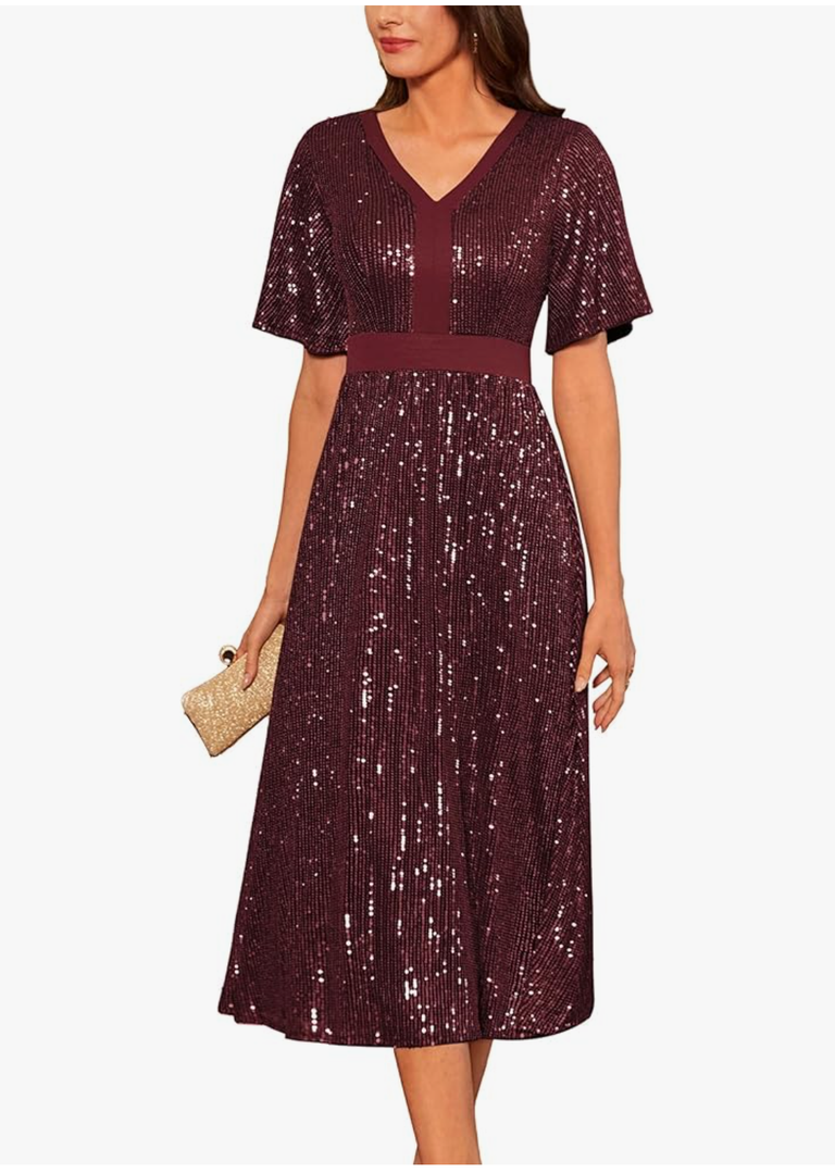 GRACE KARIN Women's Sequin V Neck Ruffle Sleeve Empire Waist Sparkly Glitter A Line Cocktail Formal Dresses, Wine Red Medium