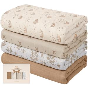 Yoofoss Muslin Swaddle Blankets, 4-Pack Receiving Blankets for Baby Boys and Girls, 47 x 47 Inches Baby Neutral Swaddle Wrap 70% Rayon from Bamboo and 30% Organic Cotton (Coffee & Leaves)