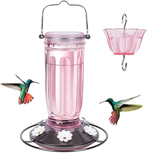 Kingsyard Glass Hummingbird Feeder for Outdoors Wild Bird Feeder with 6 Feeding Ports Hanging for Garden Yard, Pink (Ant Moat Included)