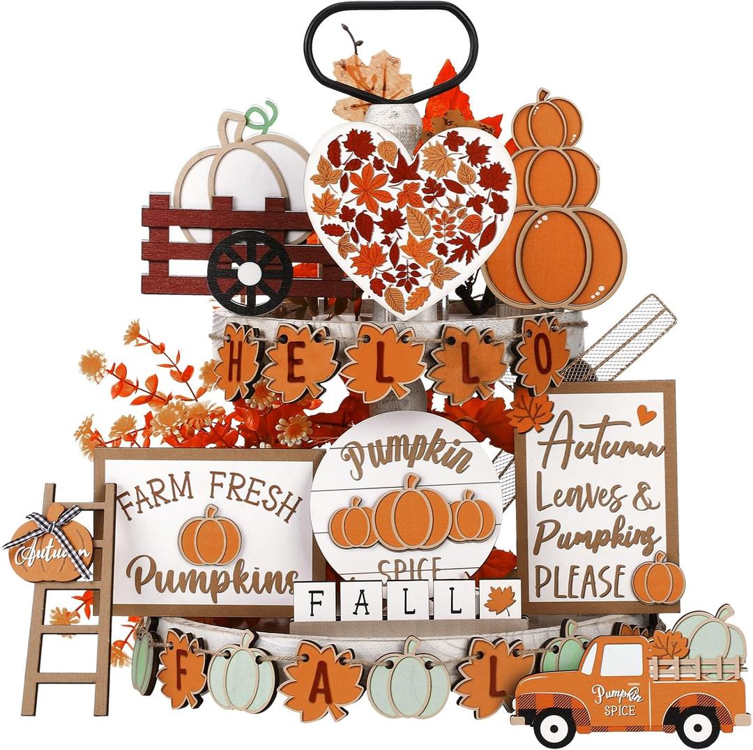 Maitys 23 Pcs Thanksgiving Tiered Tray Decoration Set Fall Pumpkin Maple Leaf Truck Wooden Sign Table Centerpieces Decor for Autumn Thanksgiving Day Farmhouse Kitchen Table Shelf Supplies