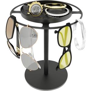 LSK Metal Sunglasses Organizer, Glasses Holder Stand with Storgae Tray, Eyeglasses Holder with Anti-Slip Pads for Tabletop, Desk, Dresser, Matte Black