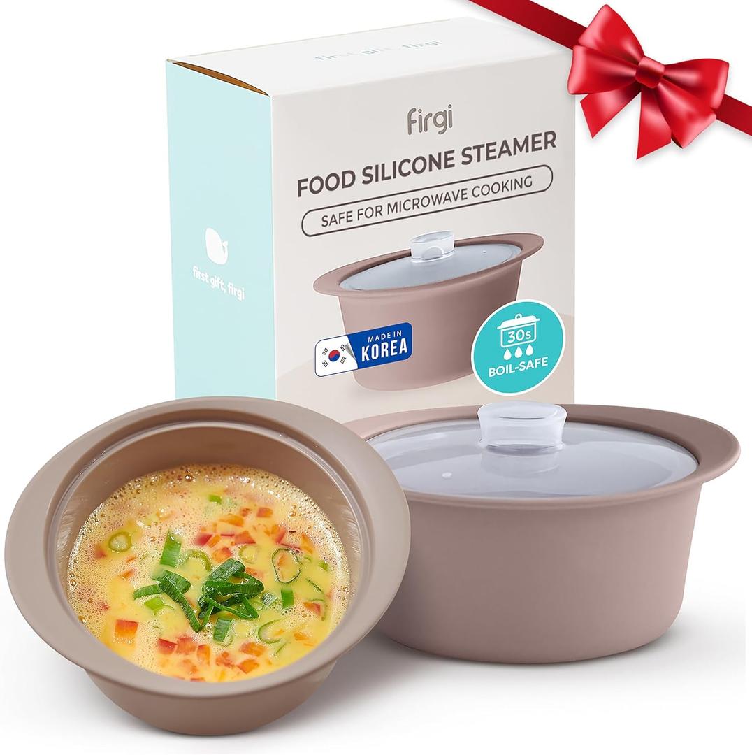 40oz Platinum Silicone Microwave Steamer Pot with Handle & Lid - Korean 100% Food-Grade Steamer Bowl, Heat-Resistant Cooker with Steam Holes, Easy Clean, Dishwasher Safe, Taupe Brown