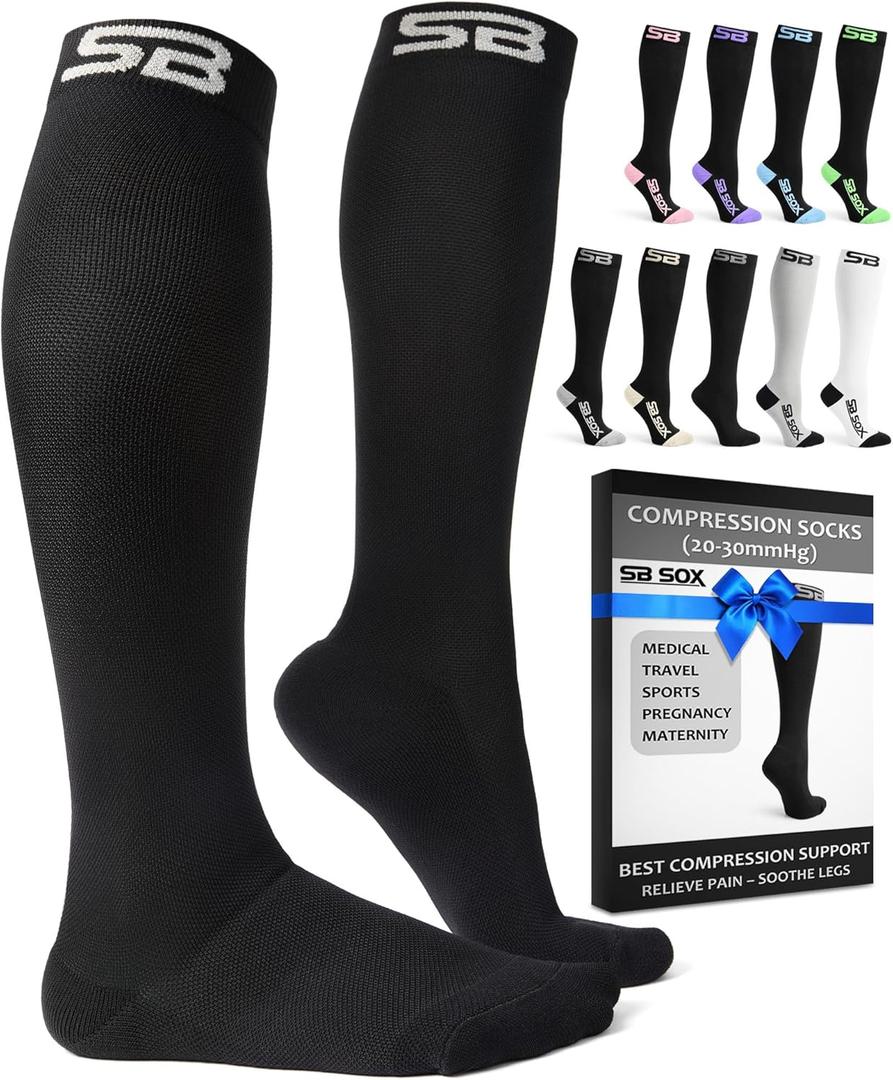SB SOX Compression Socks for Men & Women (20-30mmHg) Best Compression Socks for Flying, Medical, Sports, Wide Calf Fit, and Daily Wear (Black, XL)