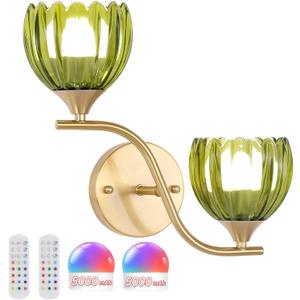 Battery Operated Wall Sconce, 2-Lights Vinatge Brass Wall Lighting with Green Tluip Shade Rechargeable Bulb with Remote for Living Room, Bedroom (1 pack)