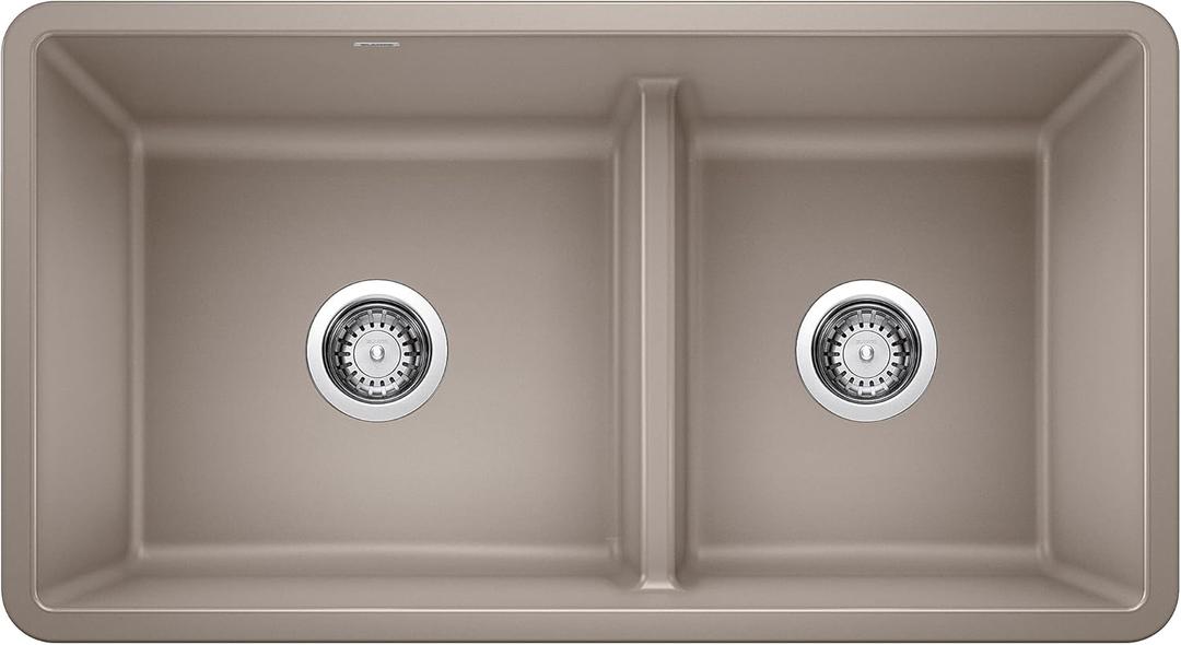 BLANCO Precis Reversible 1-3/4 Double Bowl Kitchen Sink with Low Divide, Truffle
