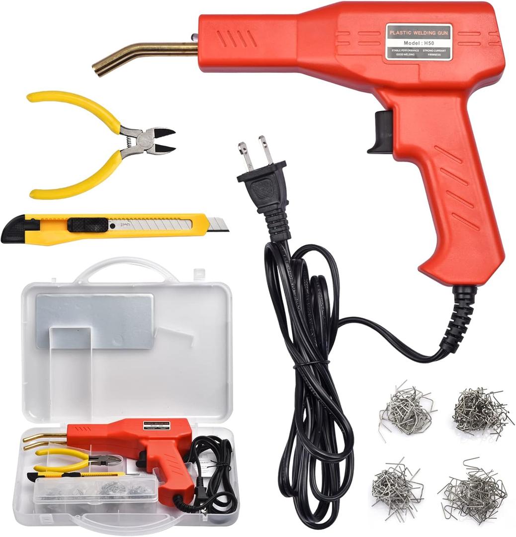 Plastic Welder Kit for Bumper Repair, 800 Staples, Hot Stapler Welding Gun, Plastic Welding Repair Kit with Carry Case, 6 Types Staples, Plastic Repair DIY Tools (Red)