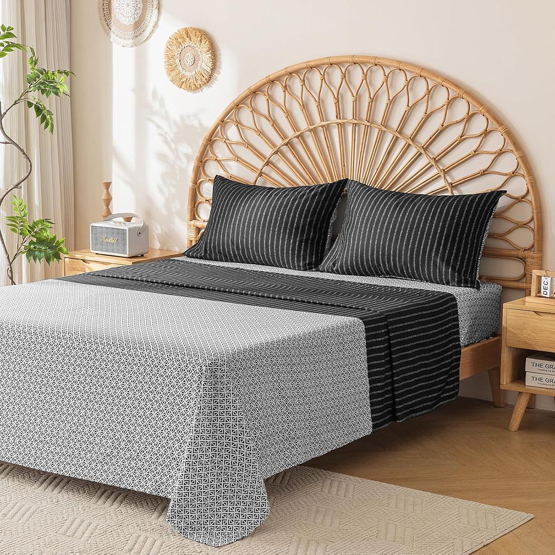 ARTALL 4-Pieces Queen Size Sheet Set, Soft Microfiber All-Season Bed Sheets Includes 2 Pillowcases, 1 Flat Sheet, 1 Fitted Sheet, Half Geometry and Half Stripe Print Design, Black White (Black Diamond Geo)